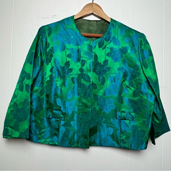 Vintage Floral Damask Green Blue 3/4 Sleeve Cropped Jacket Women’s Size XL - Picture 11 of 12